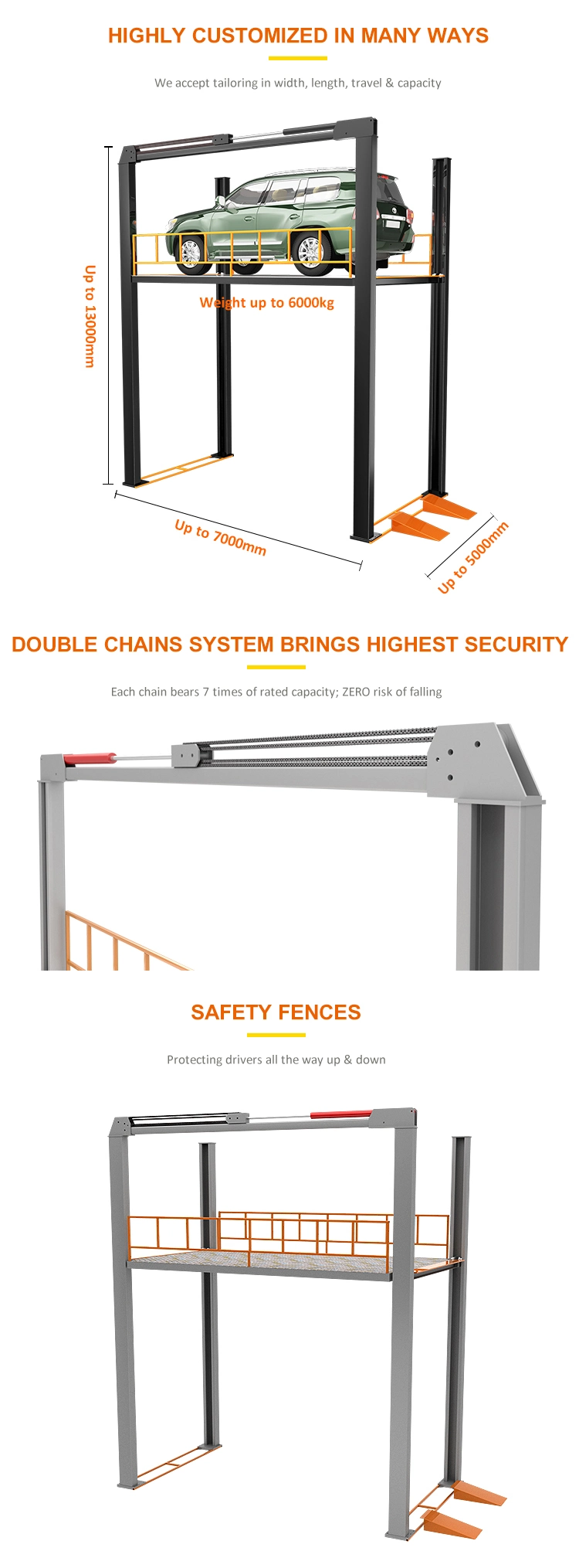 Max 5tons Dimension Customizable 4 Post Car Lift